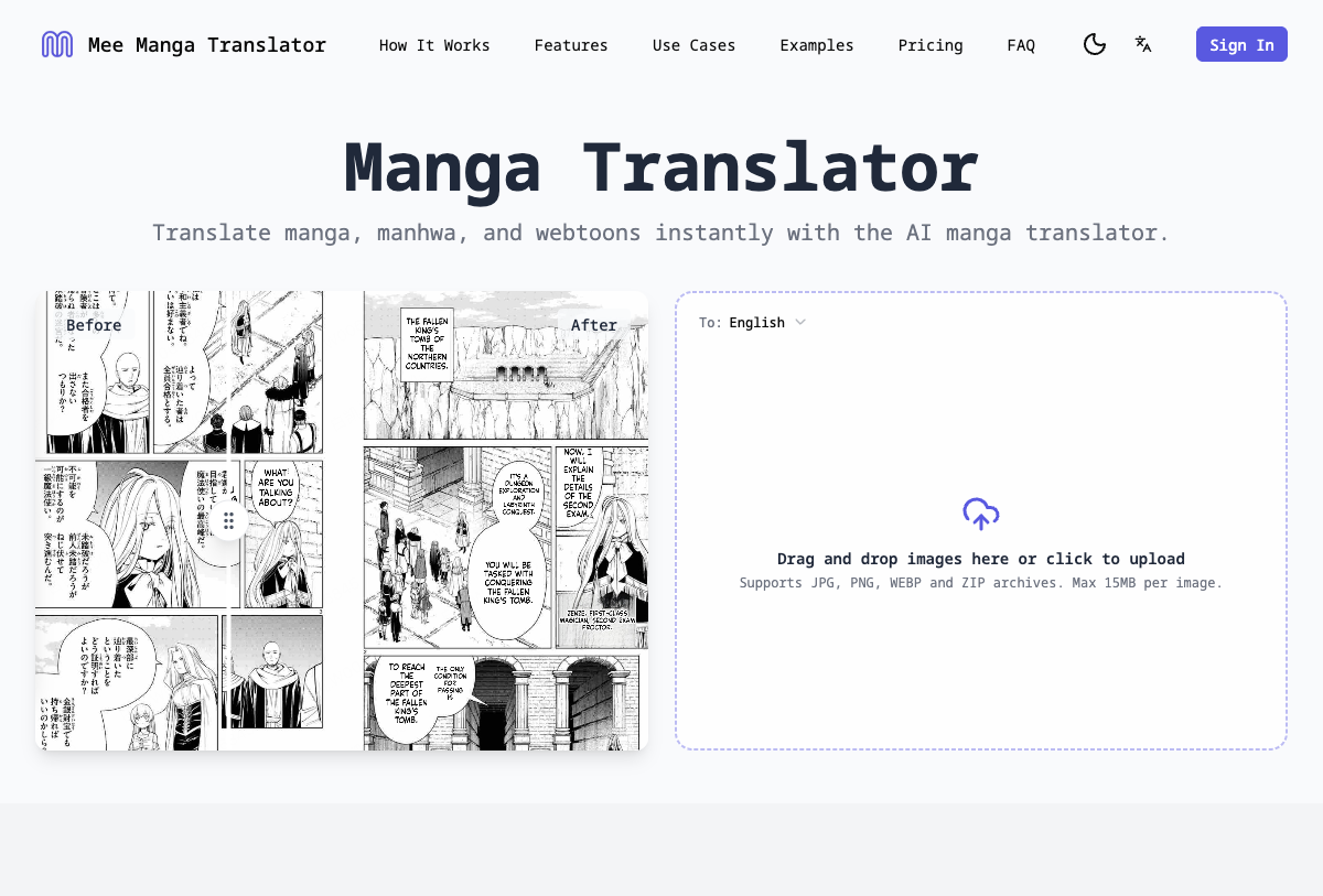 Manga Translator homepage hero with before/after example